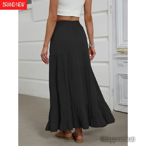 Maxi Skirt Elastic High Waist Tiered A-Line Flowy Boho Long - Picture 5 of 8